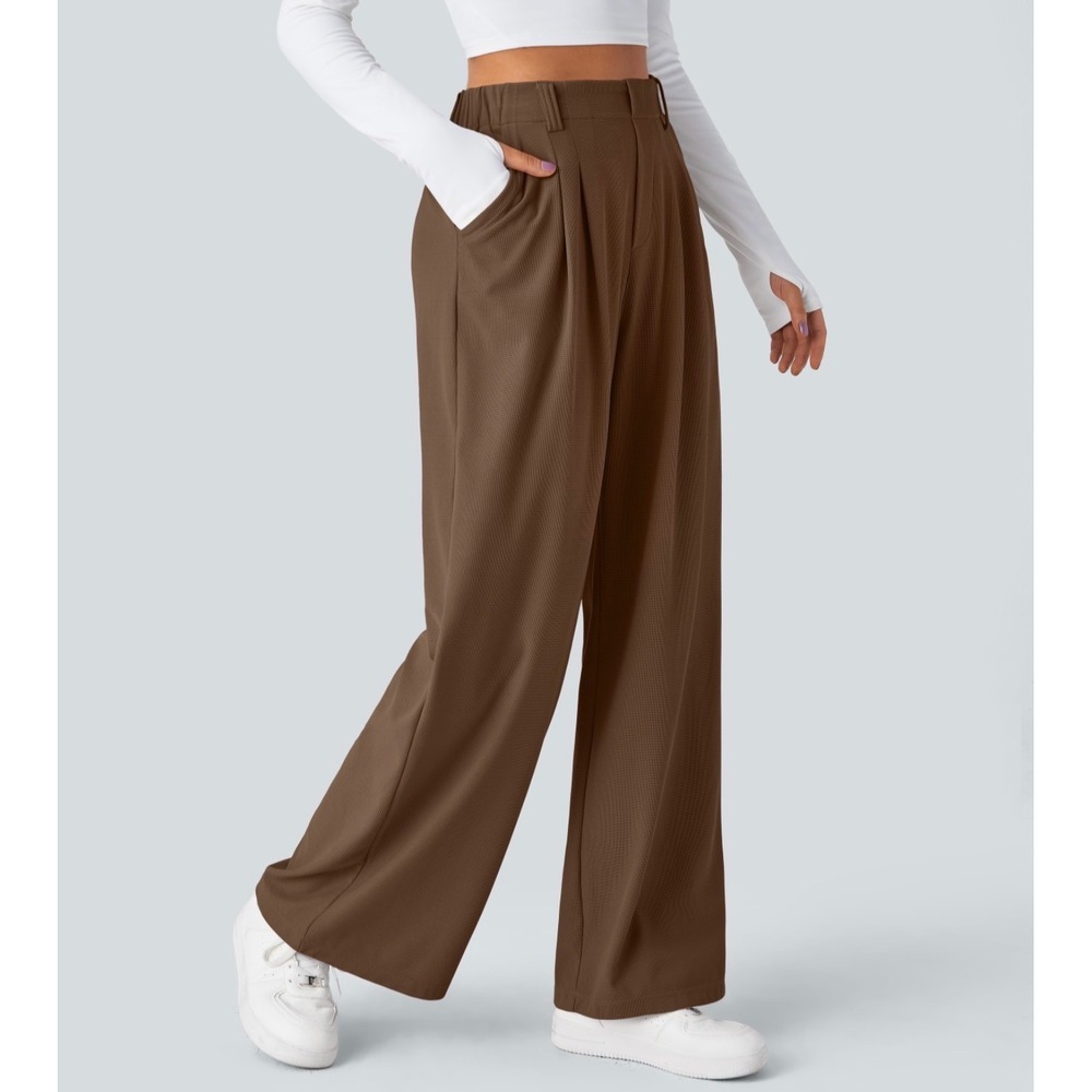 Halara Brown High Waisted Pocket Wide Leg Waffle Work Pants Pleated Trousers